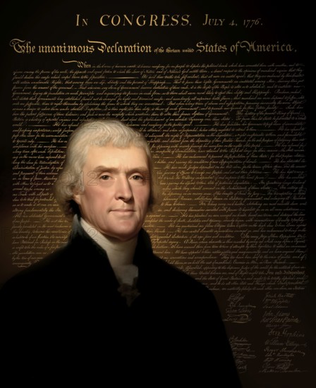 Portrait of Thomas Jefferson, 1743 - 1826, third president of the United States and principal author of the Declaration of Independence, digitally optimized based on a painting by Rembrandt Peale, in the background the Declaration of Independence of the thirteen united States of America, July 4, 1776
