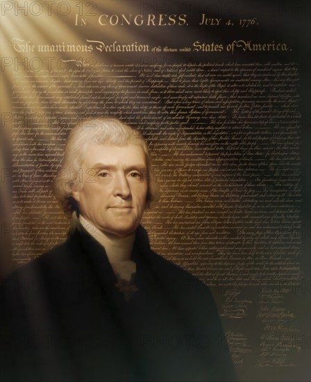 Portrait of Thomas Jefferson, 1743 - 1826, third president of the United States and principal author of the Declaration of Independence, digitally optimized based on a painting by Rembrandt Peale, in the background the Declaration of Independence of the thirteen united States of America, July 4, 1776