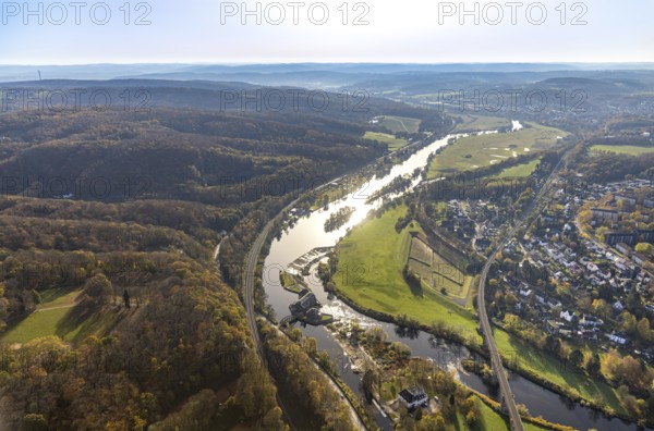 Aerial view, Ruhr river, Ruhr island, Ruhr viaduct, Hohenstein hydroelectric power station, Bommern, Witten, Ruhr area, North Rhine-Westphalia, Germany