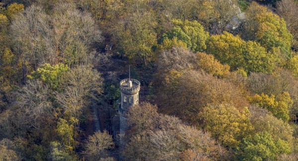 Aerial view, Helenenturm in autumn forest, Witten, Ruhr area, North Rhine-Westphalia, Germany