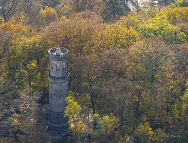 Aerial view, Helenenturm in autumn forest, Witten, Ruhr area, North Rhine-Westphalia, Germany