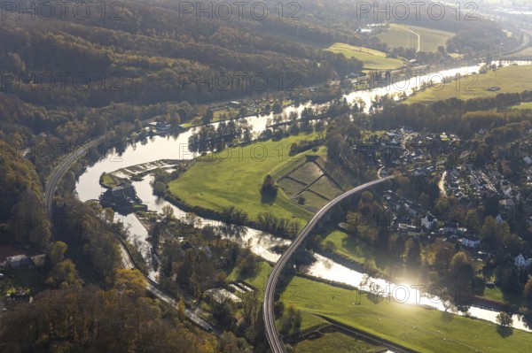 Aerial view, Ruhr river, Ruhr island, Ruhr viaduct, Hohenstein hydroelectric power station, Bommern, Witten, Ruhr area, North Rhine-Westphalia, Germany
