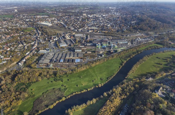 Aerial view, Deutsche Edelstahlwerke, river Ruhr, view of Witten, Ruhr area, North Rhine-Westphalia, Germany
