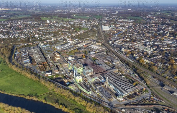 Aerial view, Deutsche Edelstahlwerke, river Ruhr, view of Witten, Ruhr area, North Rhine-Westphalia, Germany