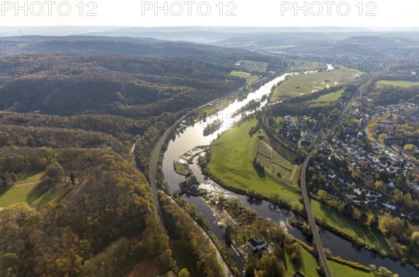 Aerial view, Ruhr river, Ruhr island, Ruhr viaduct, Hohenstein hydroelectric power station, Bommern, Witten, Ruhr area, North Rhine-Westphalia, Germany