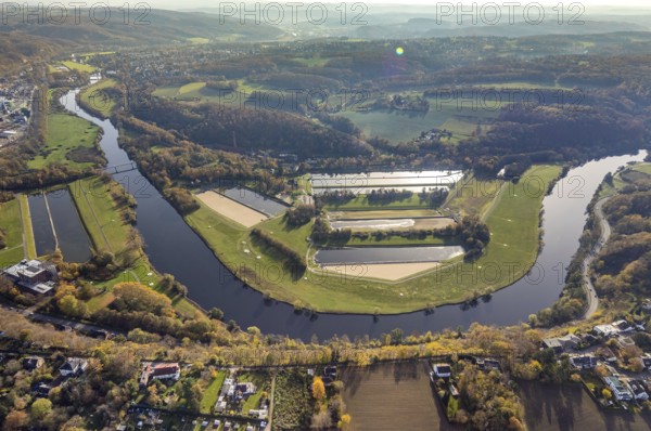 Aerial view, river Ruhr, Ruhr loop, water basin of Wasserwerke Westfalen GmbH, Heven with view to Bommern, Witten, Ennepe-Ruhr district, Ruhr area, North Rhine-Westphalia, Germany