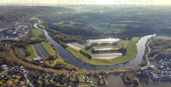 Aerial view, river Ruhr, Ruhr loop, water basin of Wasserwerke Westfalen GmbH, Heven with view to Bommern, Witten, Ennepe-Ruhr district, Ruhr area, North Rhine-Westphalia, Germany