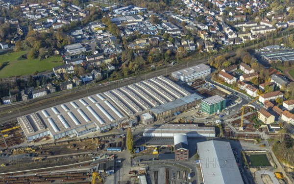 Aerial view, Witten switchyard, Kronenstraße access road with new building, Witten-Mitte, Witten, Ennepe-Ruhr district, Ruhr area, North Rhine-Westphalia, Germany