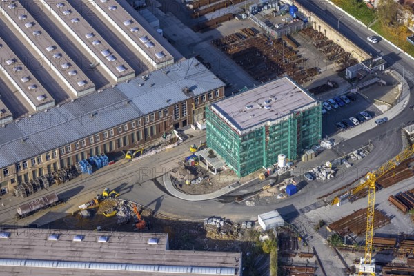 Aerial view, overview of Witten switchyard, Kronenstraße access road with new building, Witten-Mitte, Witten, Ennepe-Ruhr district, Ruhr area, North Rhine-Westphalia, Germany