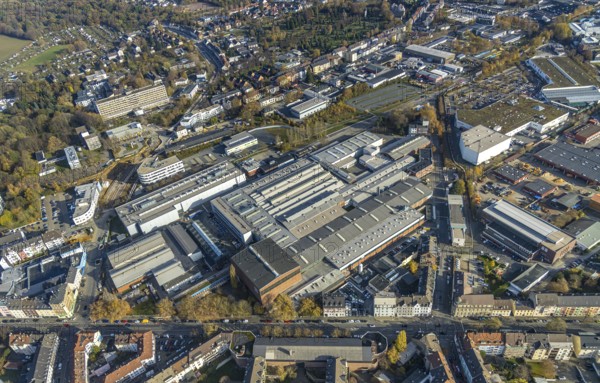 Aerial view, ZF Industrieantriebe Witten GmbH, construction site for the extension of Pferdebachstrasse, Witten East development area, former goods station, medical centre, Protestant Hospital Witten, Witten, Ennepe-Ruhr district, Ruhr area, North Rhine-Westphalia, Germany