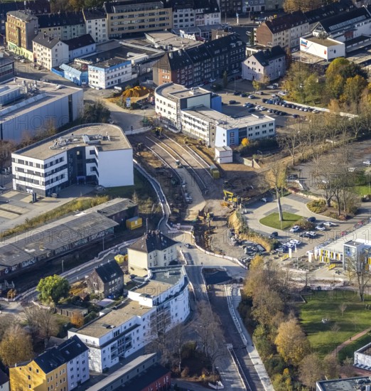 Aerial view, construction site, extension of Pferdebachstraße, Witten-Ost development area, former goods station, medical centre, Protestant Hospital Witten, Witten, Ennepe-Ruhr district, Ruhr area, North Rhine-Westphalia, Germany