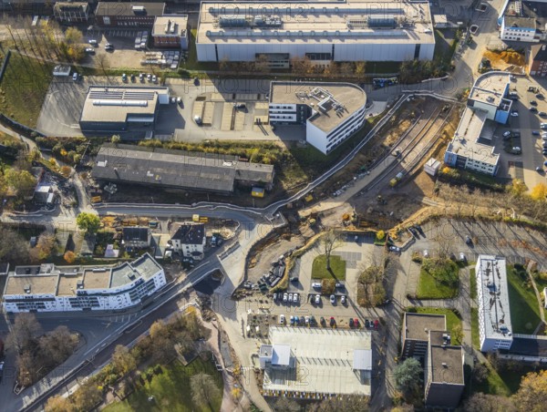 Aerial view, construction site, extension of Pferdebachstraße, Witten-Ost development area, former goods station, medical centre, Protestant Hospital Witten, Witten, Ennepe-Ruhr district, Ruhr area, North Rhine-Westphalia, Germany