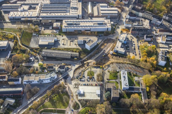 Aerial view, construction site, extension of Pferdebachstraße, Witten-Ost development area, former goods station, medical centre, Protestant Hospital Witten, Witten, Ennepe-Ruhr district, Ruhr area, North Rhine-Westphalia, Germany