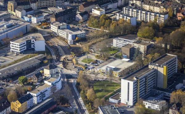 Aerial view, construction site, extension of Pferdebachstraße, Witten-Ost development area, former goods station, medical centre, Protestant Hospital Witten, Witten, Ennepe-Ruhr district, Ruhr area, North Rhine-Westphalia, Germany