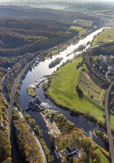 Aerial view, Ruhr river, Ruhr island, Ruhr viaduct, Hohenstein hydroelectric power station, Bommern, Witten, Ruhr area, North Rhine-Westphalia, Germany