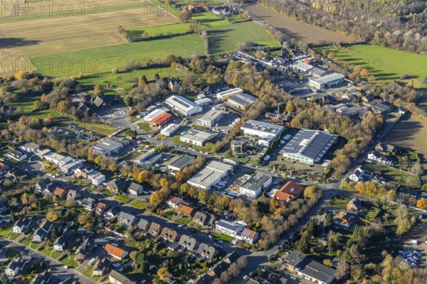 Aerial view, commercial area Hochstraße, Neukirchen, Neukirchen-Vluyn, Ruhr area, North Rhine-Westphalia, Germany, DE, Europe, commercial enterprises, commercial area, commercial park, commercial location, commercial use, industrial area, industrial building, industrial location, aerial photograph, aerial photography, aerial photography, overview, bird's-eye view, bird's-eye view, overview
