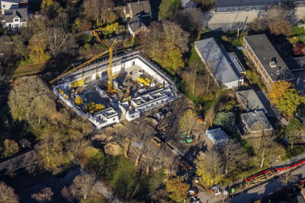 Aerial view, construction site of new double gymnasium, Jahnstraße. Neukirchen, Neukirchen-Vluyn, Ruhr area, North Rhine-Westphalia, Germany, construction work, building, construction area, building site, building plots, construction project, construction site, DE, Europe, aerial view, aerial photography, aerial photography, new building, sports, gymnasium, overview, bird's-eye view, overview