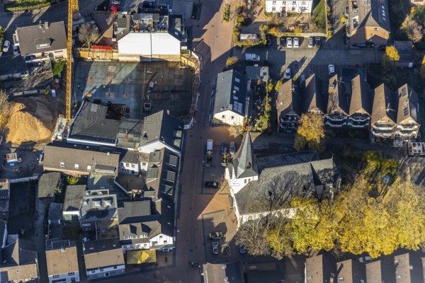 Aerial view, evang. village church, construction site Hochstraße, Neukirchen, Neukirchen-Vluyn, Ruhr area, North Rhine-Westphalia, Germany, place of worship, construction work, building, construction area, building site, building plots, building crane, construction project, construction site, DE, Europe, religious community, place of worship, holy place, Hochstraße, church, parish, denomination, aerial view, aerial photography, aerial photography, new building, religion, religious site, overview, bird's-eye view, overview