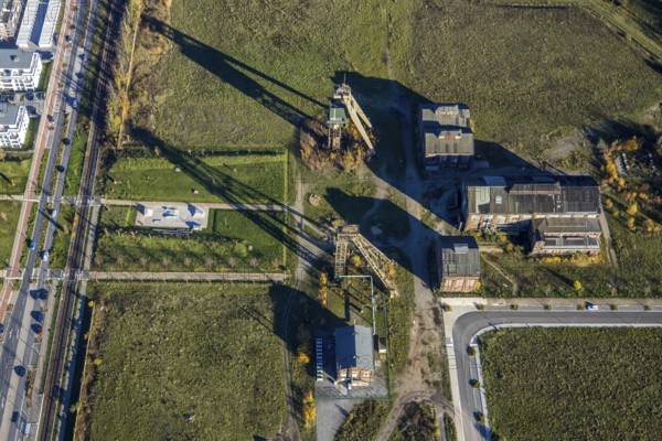 Aerial view, former Niederberg colliery, Neukirchen, Neukirchen-Vluyn, Ruhr area, North Rhine-Westphalia, Germany, An den Schächten, construction area, construction site, building plots, construction project, construction site, mine, DE, Europe, winding tower, aerial photograph, aerial photography, aerial photography, Lower Rhine, overview, bird's eye view, colliery, Niederberg colliery, birds-eyes view, former coal mine, overview