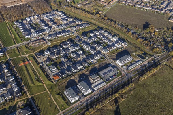 Aerial view, Dicksche Heide development area, Niederberg Park, Neukirchen, Neukirchen-Vluyn, Ruhr area, North Rhine-Westphalia, Germany, construction area, construction site, building plots, construction project, construction site, DE, Europe, aerial view, aerial photography, aerial photography, Lower Rhine, overview, bird's eye view, colliery, Niederberg colliery, birds-eyes view, former coal mine, overview