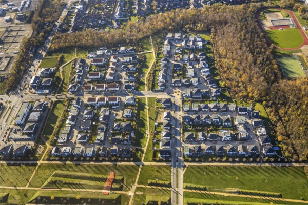 Aerial view, Dicksche Heide development area, Niederberg Park, Neukirchen, Neukirchen-Vluyn, Ruhr area, North Rhine-Westphalia, Germany, An den Schächten, construction area, building site, building plots, construction project, construction site, mine, DE, Europe, winding tower, aerial photograph, aerial photography, aerial photography, Lower Rhine, overview, bird's eye view, colliery, Niederberg colliery, birds-eyes view, former coal mine, overview