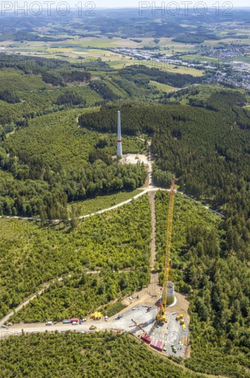 Aerial view, construction of wind turbines north of Neuenrade, Sauerland, North Rhine-Westphalia, Germany, Neuenrade, DE, Europe, birds-eyes view, aerial view, aerial photography, aerial photography, overview, bird's eye view, alternative energy, wind power, forest area