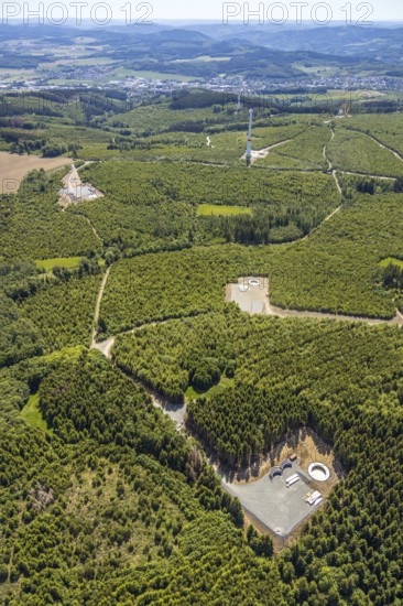 Aerial view, construction of wind turbines north of Neuenrade, Sauerland, North Rhine-Westphalia, Germany, Neuenrade, DE, Europe, birds-eyes view, aerial view, aerial photography, aerial photography, overview, bird's eye view, alternative energy, wind power, forest area