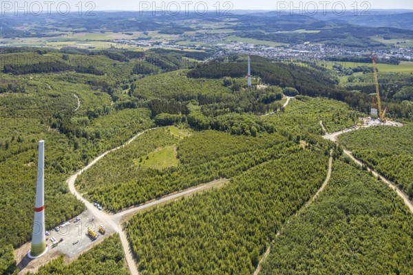 Aerial view, construction of wind turbines north of Neuenrade, Sauerland, North Rhine-Westphalia, Germany, Neuenrade, DE, Europe, birds-eyes view, aerial view, aerial photography, aerial photography, overview, bird's eye view, alternative energy, wind power, forest area