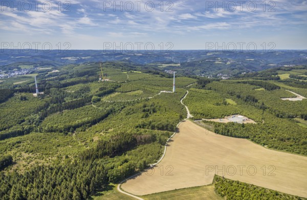 Aerial view, construction of wind turbines north of Neuenrade, Sauerland, North Rhine-Westphalia, Germany, Neuenrade, DE, Europe, birds-eyes view, aerial view, aerial photography, aerial photography, overview, bird's eye view, alternative energy, wind power, forest area