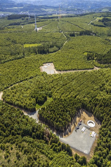 Aerial view, construction of wind turbines north of Neuenrade, Sauerland, North Rhine-Westphalia, Germany, Neuenrade, DE, Europe, birds-eyes view, aerial view, aerial photography, aerial photography, overview, bird's eye view, alternative energy, wind power, forest area
