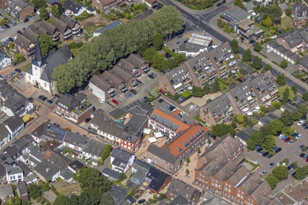 Aerial view, village Neukirchen, protestant village church, town library, Neukirchen-Vluyn, Lower Rhine, North Rhine-Westphalia, Germany, place of worship, library, city, DE, Europe, religious community, place of worship, city centre, church, parish, denomination, aerial photograph, aerial photography, aerial photography, mission yard, town centre, town library, city area, city centre, overview, bird's-eye view, birds-eyes view, overview