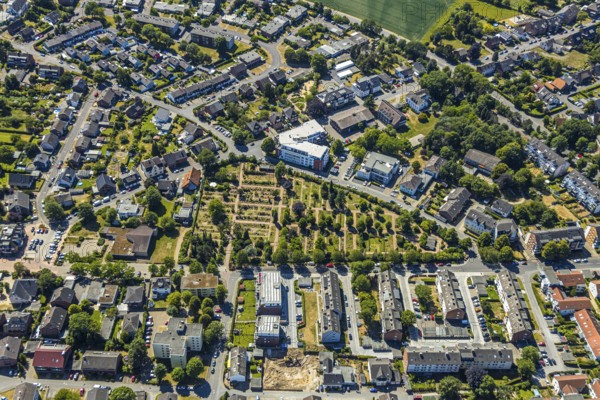 Aerial view, Protestant cemetery, parish office Evang. parish, Senioren-Park carpe diem Neukirchen-Vluyn, Neukirchen-Vluyn, Lower Rhine, North Rhine-Westphalia, Germany, retirement home, retirement home, burial site, care and nursing, DE, Europe, cemetery, memorial, place of worship, graves, burial ground, aerial photograph, aerial photography, aerial photography, care facility, resting place, retirement home, retirement residence, retirement home, senior citizens' centre, overview, bird's-eye view, bird's-eye view, overview