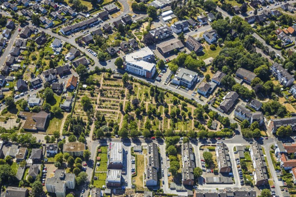 Aerial view, Protestant cemetery, parish office Evang. parish, Senioren-Park carpe diem Neukirchen-Vluyn, Neukirchen-Vluyn, Lower Rhine, North Rhine-Westphalia, Germany, retirement home, retirement home, burial site, care and nursing, DE, Europe, cemetery, memorial, place of worship, graves, burial ground, aerial photograph, aerial photography, aerial photography, care facility, resting place, retirement home, retirement residence, retirement home, senior citizens' centre, overview, bird's-eye view, bird's-eye view, overview