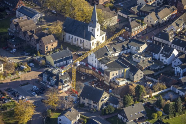 Aerial view, evang. village church, construction site Hochstraße, Neukirchen, Neukirchen-Vluyn, Ruhr area, North Rhine-Westphalia, Germany, place of worship, construction work, building, construction area, building site, building plots, building crane, construction project, construction site, DE, Europe, religious community, place of worship, holy place, Hochstraße, church, parish, denomination, aerial view, aerial photography, aerial photography, new building, religion, religious site, overview, bird's-eye view, overview