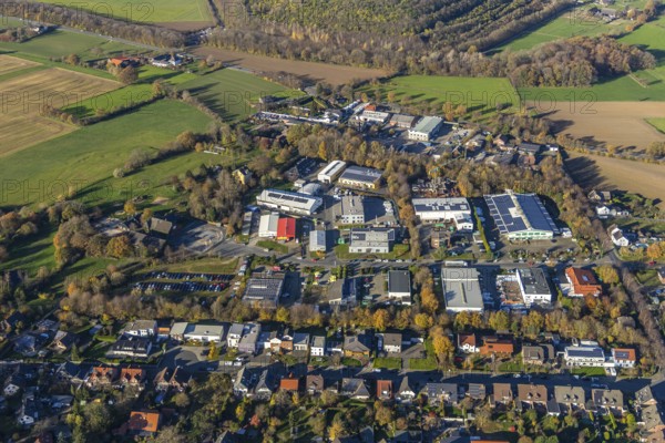 Aerial view, commercial area Hochstraße, Neukirchen, Neukirchen-Vluyn, Ruhr area, North Rhine-Westphalia, Germany, DE, Europe, commercial enterprises, commercial area, commercial park, commercial location, commercial use, industrial area, industrial building, industrial location, aerial photograph, aerial photography, aerial photography, overview, bird's-eye view, bird's-eye view, overview