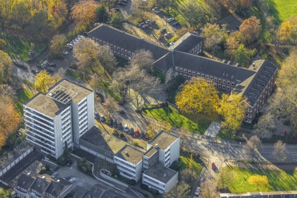 Aerial view, town hall Neukirchen-Vluyn, Hans-Böckler-Straße, high-rise residential building, Neukirchen, Neukirchen-Vluyn, Ruhr area, North Rhine-Westphalia, Germany, authority, DE, Europe, property tax, high-rise buildings, real estate, aerial view, aerial photography, aerial photography, town hall, city administration, overview, bird's-eye view, residential area, residential buildings, residential quality, residential neighbourhood, housing estate, birds-eyes view, overview