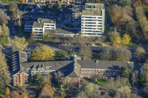 Aerial view, town hall Neukirchen-Vluyn, Hans-Böckler-Straße, high-rise residential building, Neukirchen, Neukirchen-Vluyn, Ruhr area, North Rhine-Westphalia, Germany, authority, DE, Europe, property tax, high-rise buildings, real estate, aerial view, aerial photography, aerial photography, town hall, city administration, overview, bird's-eye view, residential area, residential buildings, residential quality, residential neighbourhood, housing estate, birds-eyes view, overview