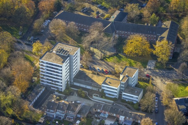 Aerial view, town hall Neukirchen-Vluyn, Hans-Böckler-Straße, high-rise residential building, Neukirchen, Neukirchen-Vluyn, Ruhr area, North Rhine-Westphalia, Germany, authority, DE, Europe, property tax, high-rise buildings, real estate, aerial view, aerial photography, aerial photography, town hall, city administration, overview, bird's-eye view, residential area, residential buildings, residential quality, residential neighbourhood, housing estate, birds-eyes view, overview