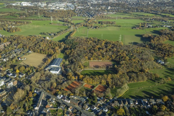 Aerial view, sports and leisure park Klingerhuf, Wilhelm-Reuter-Allee, Neukirchen, Neukirchen-Vluyn, Ruhr area, North Rhine-Westphalia, Germany, DE, Europe, football pitch, football stadium, football club, aerial view, aerial photography, aerial photography, photovoltaic, photovoltaic system, solar, solar system, solar energy, solar energy, sports, sports facilities, sports field, sports facility, sports stadium, tennis, tennis facility, tennis halls, tennis courts, tennis club, overview, bird's-eye view, bird's-eye view, overview