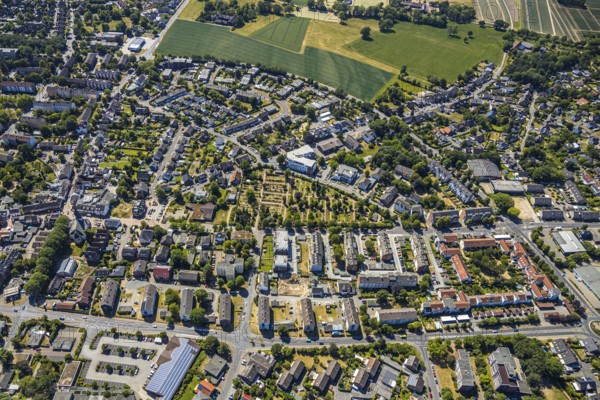 Aerial view, Protestant cemetery, parish office Evang. parish, Senioren-Park carpe diem Neukirchen-Vluyn, Neukirchen-Vluyn, Lower Rhine, North Rhine-Westphalia, Germany, retirement home, retirement home, burial site, care and nursing, DE, Europe, cemetery, memorial, place of worship, graves, burial ground, aerial photograph, aerial photography, aerial photography, care facility, resting place, retirement home, retirement residence, retirement home, senior citizens' centre, overview, bird's-eye view, bird's-eye view, overview
