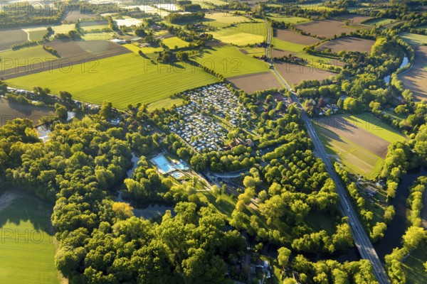 Aerial view, campsite Münster, open-air swimming pool Stapelskotten, Laerer Werseufer, Münster, Münsterland, North Rhine-Westphalia, Germany, camping, camping site, camping buses, camping caravan, campsite, DE, Europe, open-air swimming pool, leisure, leisure facility, leisure activities, aerial photography, aerial photography, overview, bird's eye view, woodland, motorhome, caravan, birds-eyes view, camping, overview