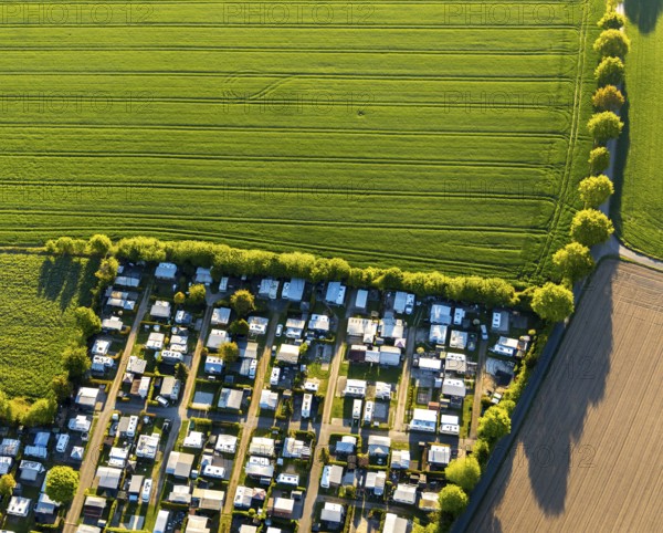 Aerial view, campsite Münster, Laerer Werseufer, Münster, Münsterland, North Rhine-Westphalia, Germany, camping, camping facility, camping buses, camper, camping site, DE, Europe, leisure, leisure facility, leisure activities, aerial photography, aerial photography, aerial photography, overview, bird's eye view, motorhome, caravan, birds-eyes view, camping, overview