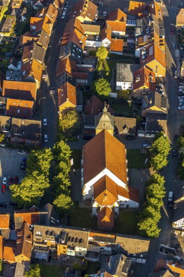 Aerial view, catholic St. Nikolaus church Wolbeck, Münster, Münsterland, North Rhine-Westphalia, Germany, place of worship, DE, Europe, religious community, place of worship, property tax, Herrenstraße, real estate, church, parish, denomination, aerial view, aerial photography, aerial photography, religion, overview, bird's-eye view, residential area, housing and living, residential area, residential buildings, residential quality, residential neighbourhood, housing estate, birds-eyes view, overview, red roofs
