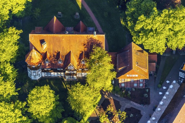 Aerial view, Romantik Hotel Hof zur Lime tree, Handorfer Werseufer, Münster, Münsterland, North Rhine-Westphalia, Germany, DE, Europe, gastronomy, hotel, hotel facilities, hotel business, aerial view, aerial photography, aerial photography, overview, bird's-eye view, overview