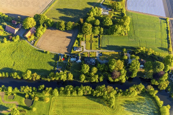 Aerial view, residential houses at the river Werse, meadow pattern, Münster, Münsterland, North Rhine-Westphalia, Germany, DE, Europe, green trees, aerial view, aerial photography, aerial photography, overview, bird's eye view, residential area, birds-eyes view, overview