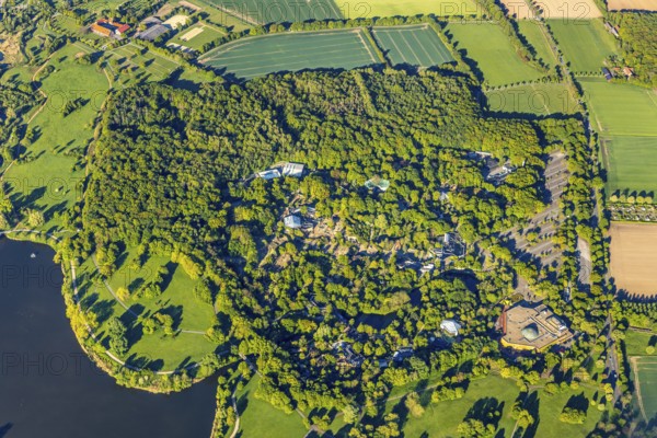 Aerial view, Allwetterzoo Münster, LWL-Museum für Naturkunde mit Planetarium, Aasee, Münster, Münsterland, North Rhine-Westphalia, Germany, DE, Europe, river Münstersche Aa, culture, art, aerial view, aerial photography, aerial photography, museum, Münstersche Aa, natural history museum, car parks, lake, reservoir, zoo, animal park, animal world, overview, bird's-eye view, forest area, zoo, Zoo Münster, birds-eyes view, cultural use, overview