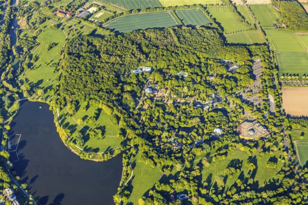 Aerial view, Allwetterzoo Münster, LWL-Museum für Naturkunde mit Planetarium, Aasee, Münster, Münsterland, North Rhine-Westphalia, Germany, DE, Europe, river Münstersche Aa, culture, art, aerial view, aerial photography, aerial photography, museum, Münstersche Aa, natural history museum, car parks, lake, reservoir, zoo, animal park, animal world, overview, bird's-eye view, forest area, zoo, Zoo Münster, birds-eyes view, cultural use, overview