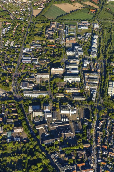 Aerial photo, Westfälische Wilhelms-Universität Münster Institute Group 1, Münster University of Applied Sciences, WWU Münster cogeneration plant, Münster, Münsterland, North Rhine-Westphalia, Germany, education, educational institution, DE, Europe, HKW, cogeneration plant, aerial photo, aerial photography, aerial photography, overview, university, bird's eye view, WWU Münster, birds-eyes view, overview
