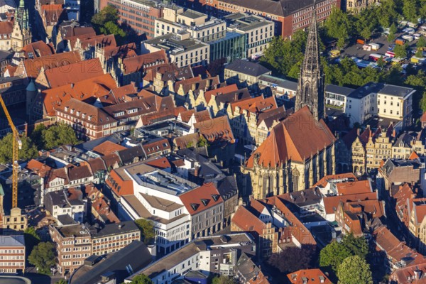 Aerial view, old town, Prinzipalmarkt, catholic St. Lamberti church, Münster, Münsterland, North Rhine-Westphalia, Germany, place of worship, DE, Europe, commercial buildings, religious community, place of worship, property tax, real estate, church, parish, denomination, aerial photograph, aerial photography, aerial photography, religion, overview, bird's eye view, living and life, residential area, residential buildings, birds-eyes view, historic city centre, overview