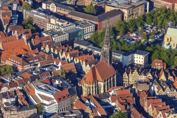 Aerial view, Prinzipalmarkt, catholic St. Lamberti church, old town, Münster, Münsterland, North Rhine-Westphalia, Germany, place of worship, DE, Europe, commercial buildings, religious community, place of worship, property tax, real estate, church, parish, denomination, aerial view, aerial photography, aerial photography, religion, overview, bird's eye view, living and life, residential area, residential buildings, birds-eyes view, historic city centre, overview